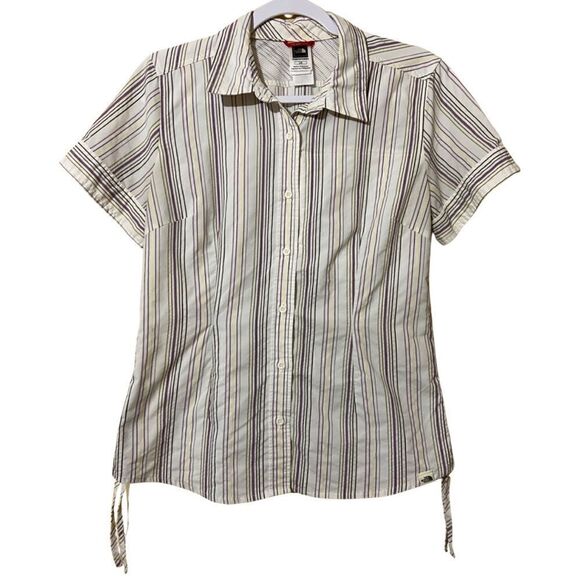 THE NORTH FACE Vapor Wick Short Sleeve Fitted Stretch Ruched Stripe Button Down - Picture 1 of 9